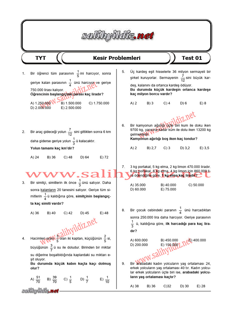TYT Kesir Problemleri TEST 01 | PDF