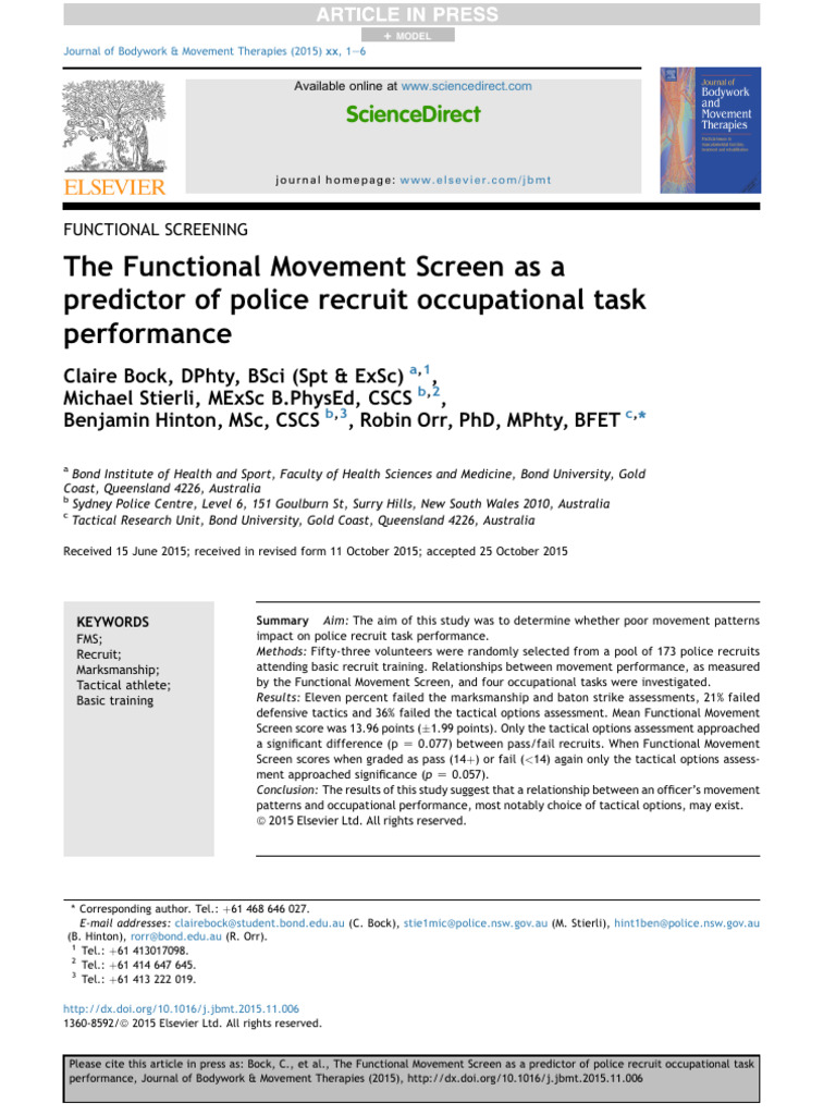 The Functional Movement Screen As A Predictor of Police Recruit ...