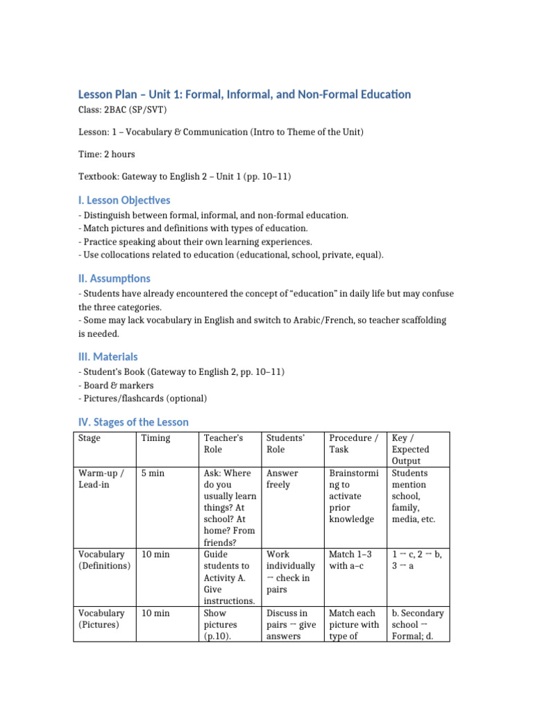Understanding Education Types: Lesson Plan | PDF | Vocabulary | Human ...