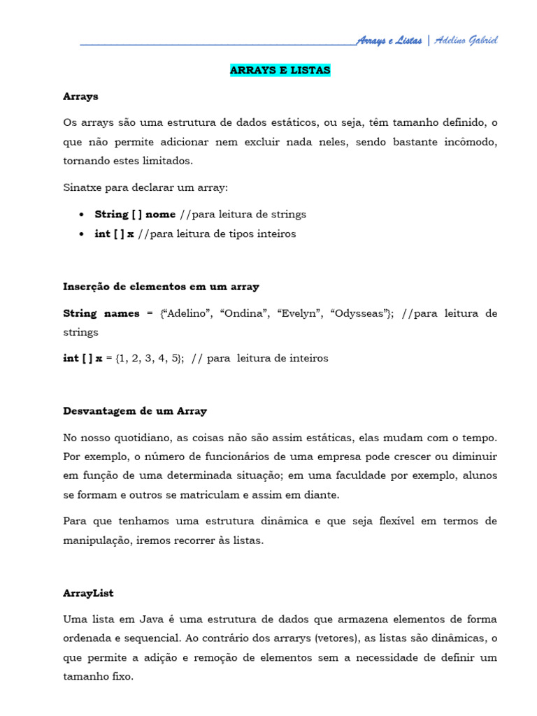 Estruturas de Dados: Arrays e Listas em Java | PDF | Classe ...