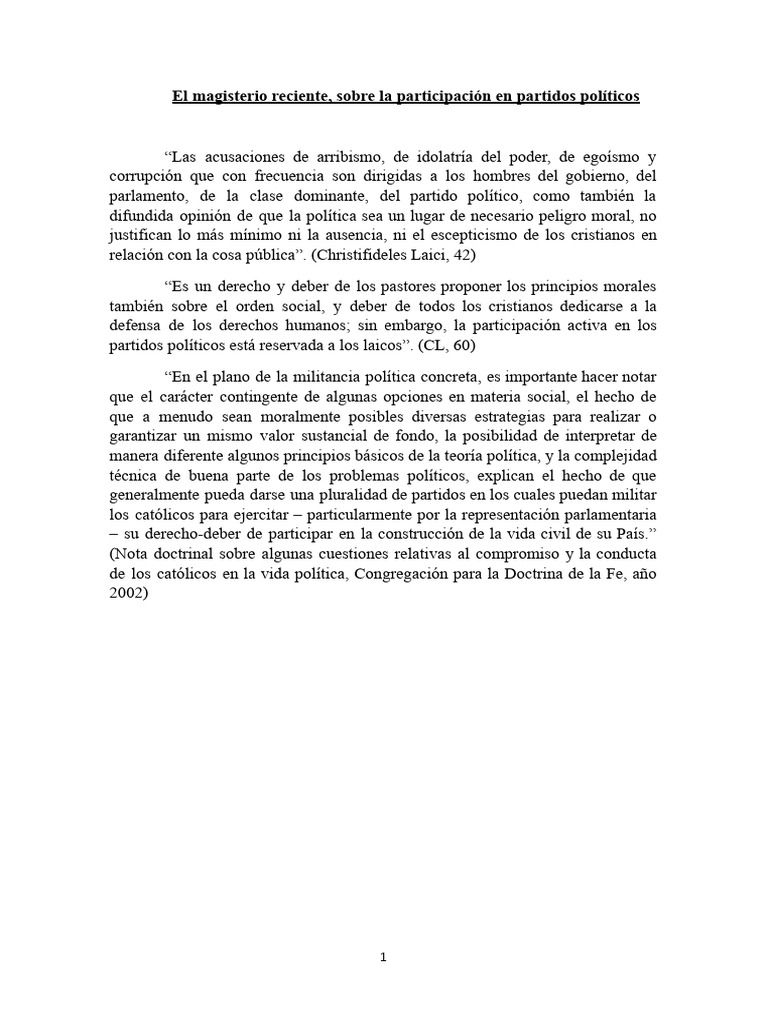 El magisterio reciente sobre la participación política.docx | PDF