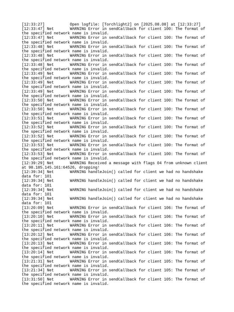 Torchlight 2 Network Errors Log | PDF | Computing | Computer Engineering
