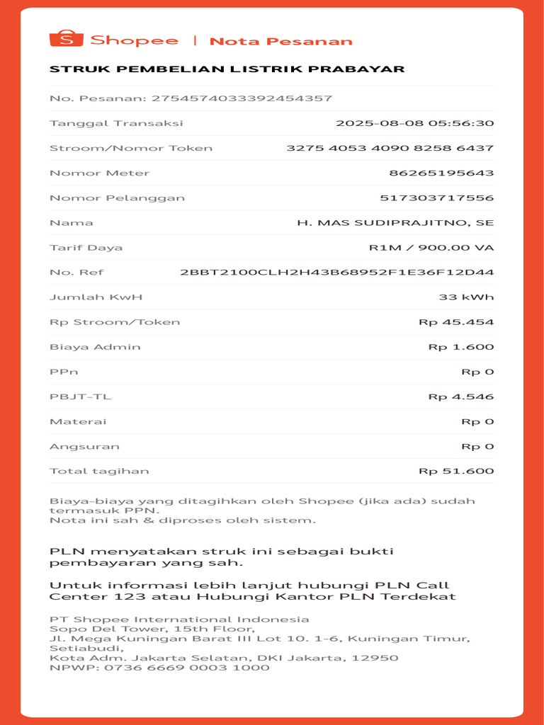 Nota Pembelian Listrik Prabayar PLN | PDF