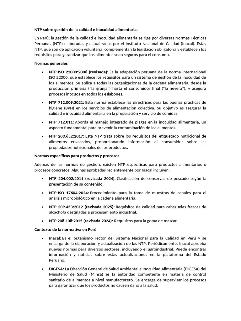 NTP de Calidad e Inocuidad Alimentaria en Perú | PDF | Seguridad ...