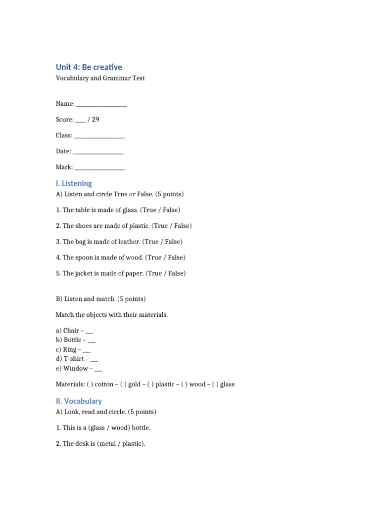 Vocabulary and Grammar Test Guide | PDF