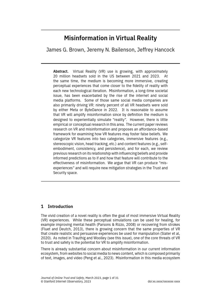 Misinformation Amplified by Virtual Reality | PDF | Virtual Reality ...