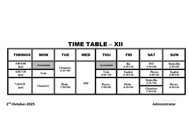 Timetable (Oct) XII | PDF