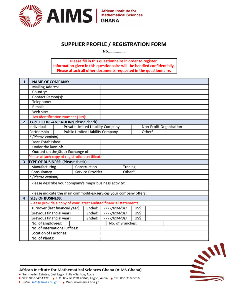 Supplier Registration Form AIMS Ghana | PDF | Business