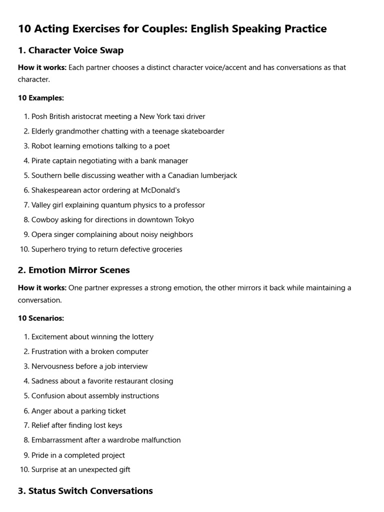 10 Acting Exercises For Couples - English Speaking Practice | PDF
