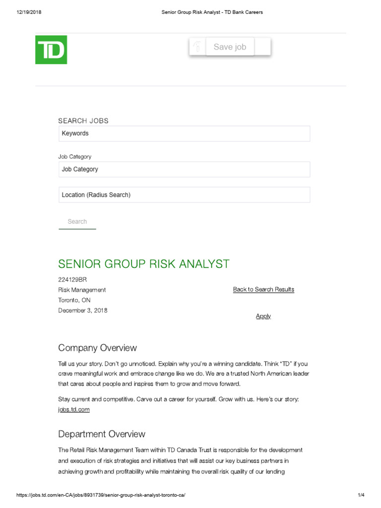 Senior Risk Analyst Position in Toronto | PDF | Sas (Software) | Risk ...