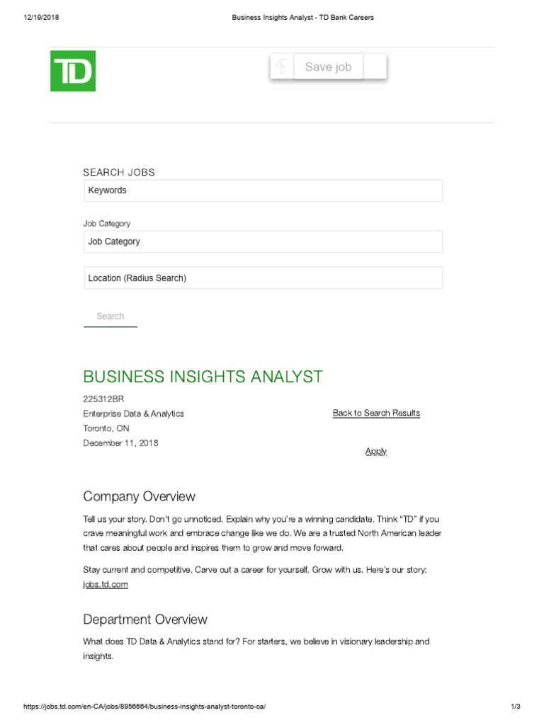 Business Insights Analyst Job at TD Bank | PDF | Analytics | Data Analysis
