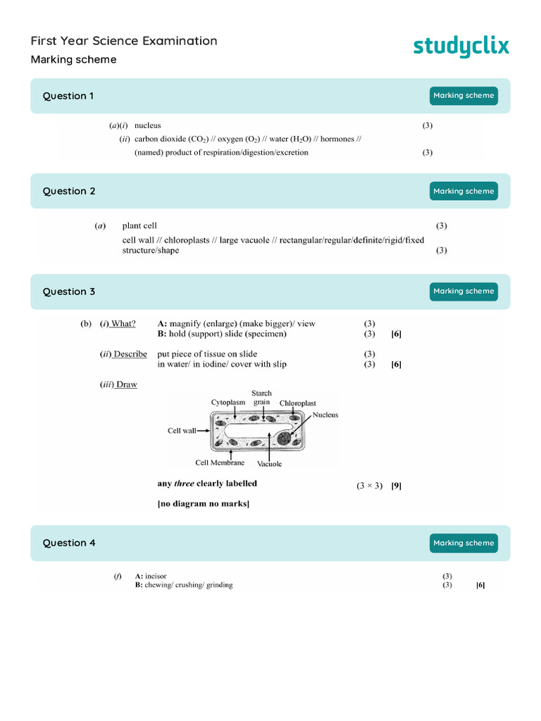 First Year Science Exam Marking Scheme | PDF