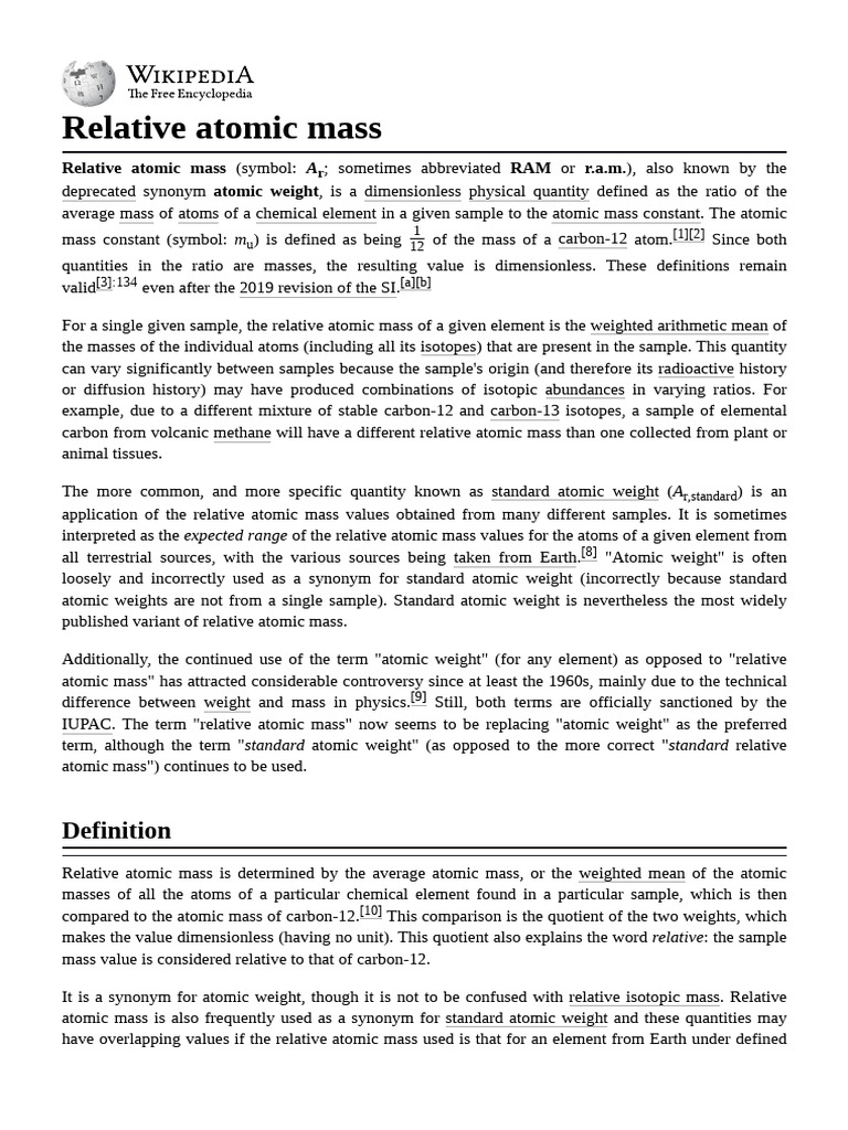 Definition of Relative Atomic Mass | PDF | Mole (Unit) | Physical ...