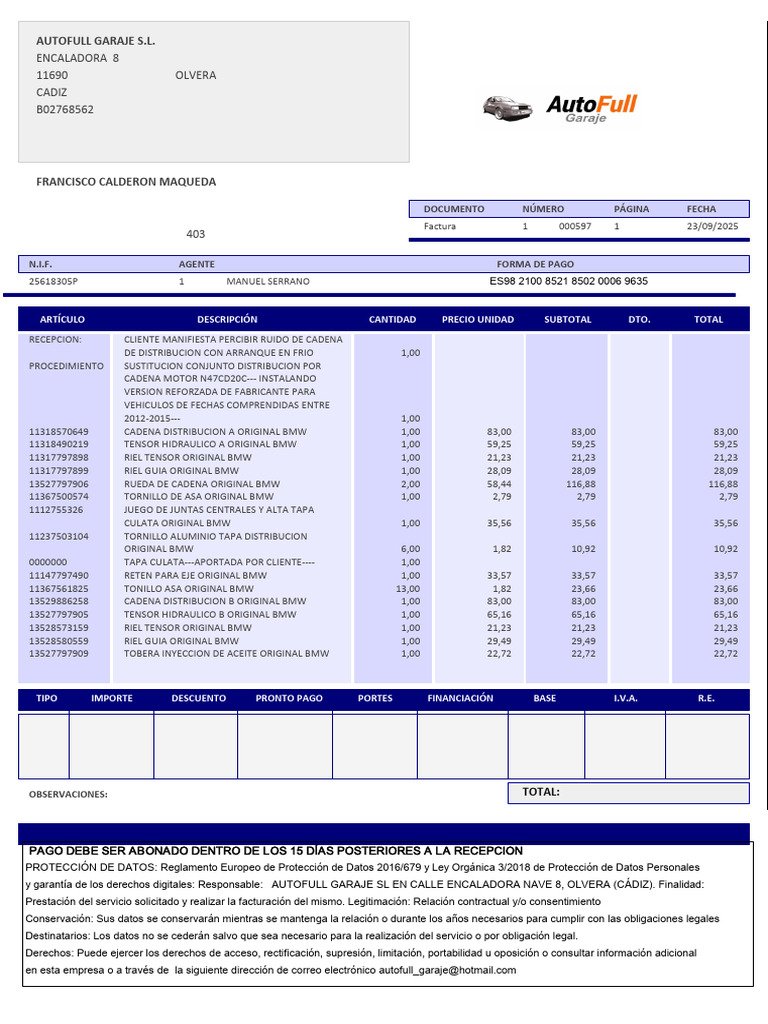 Factura De Servicios De Reparaci n BMW PDF Derechos Digitales