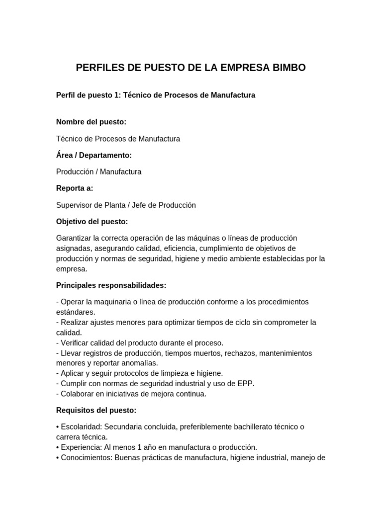 Perfiles de Puesto Bimbo. | PDF | Logística | Negocios económicos