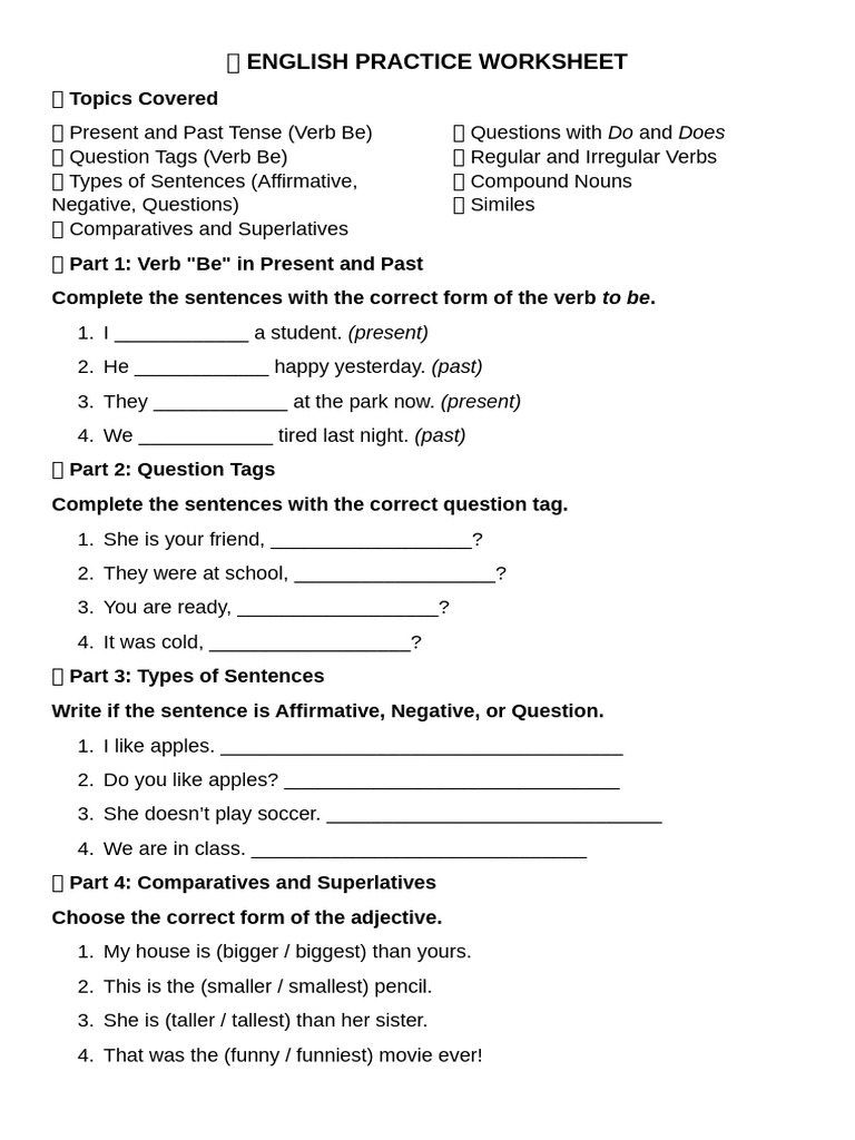 English Grammar Practice Worksheet | PDF | Verb | Adjective