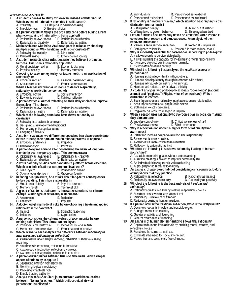 Week 1 Assessment - Quarter 2 | PDF | Rationality | Decision Making