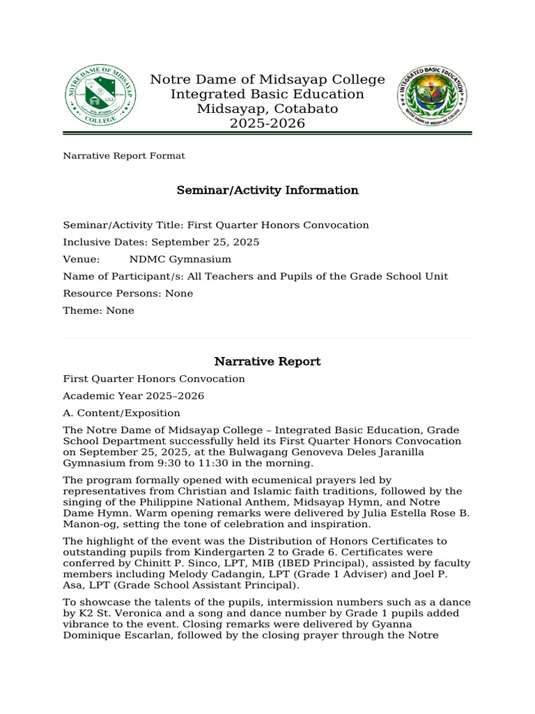First Quarter Honors Convocation Report | PDF