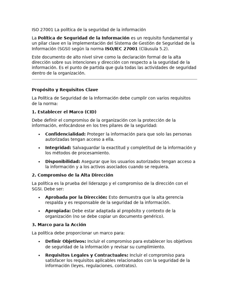 Política de Seguridad ISO 27001 | PDF | Seguridad de información | La ...