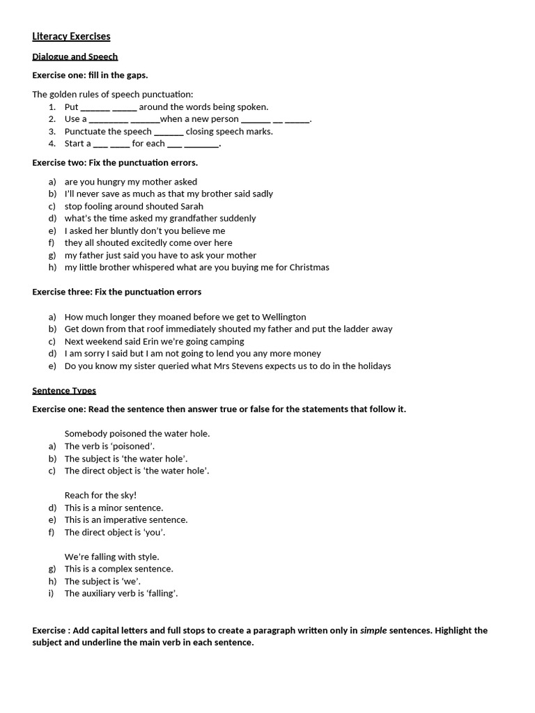 Literacy Exercises: Punctuation & Sentence Types | PDF | Verb | Syntax