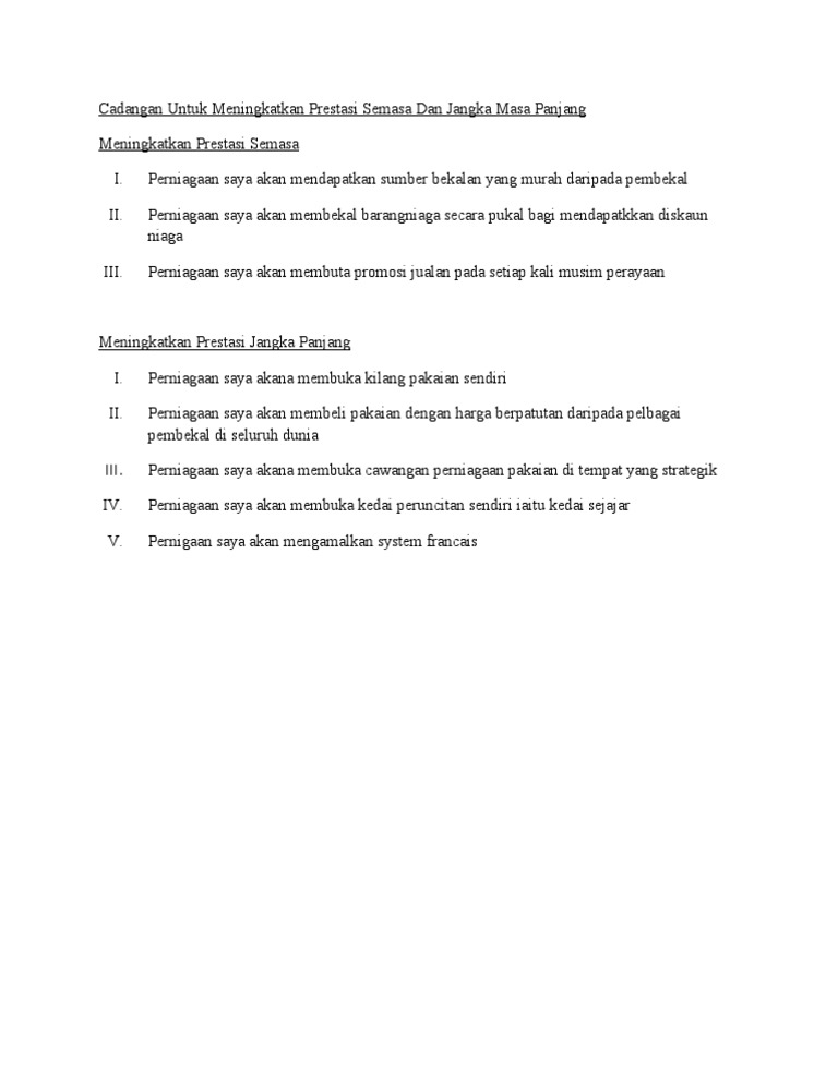 Cadangan Untuk Meningkatkan Prestasi Semasa Dan Jangka Masa Panjang Pdf