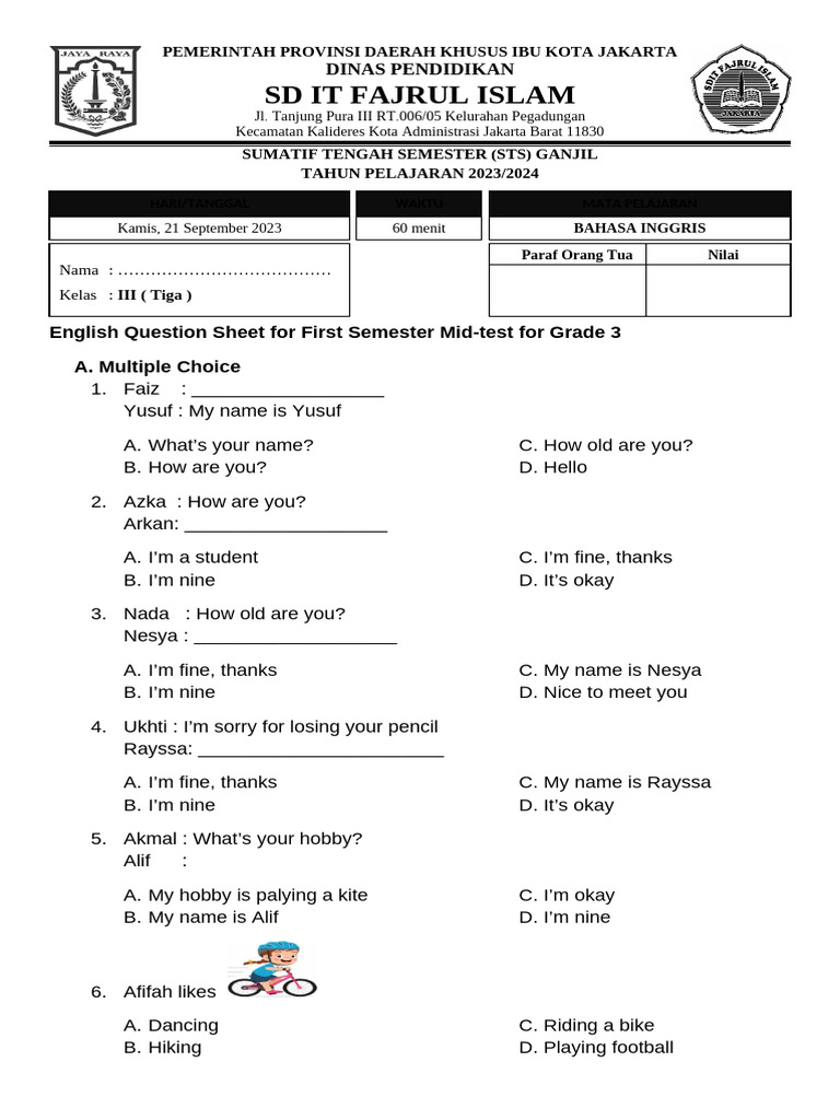 English Question Sheet For First Semester Mid Grade 1-3 | PDF | Writing ...