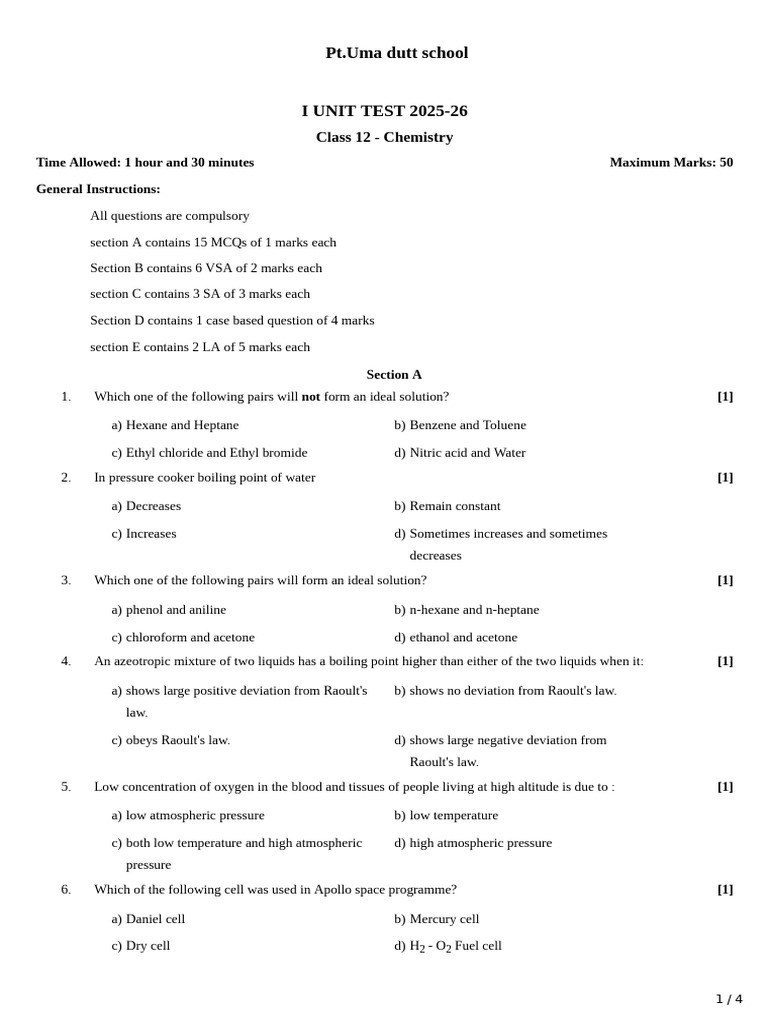 Class 12 Chemistry Unit Test 2025-26 | PDF | Chemistry | Applied And ...