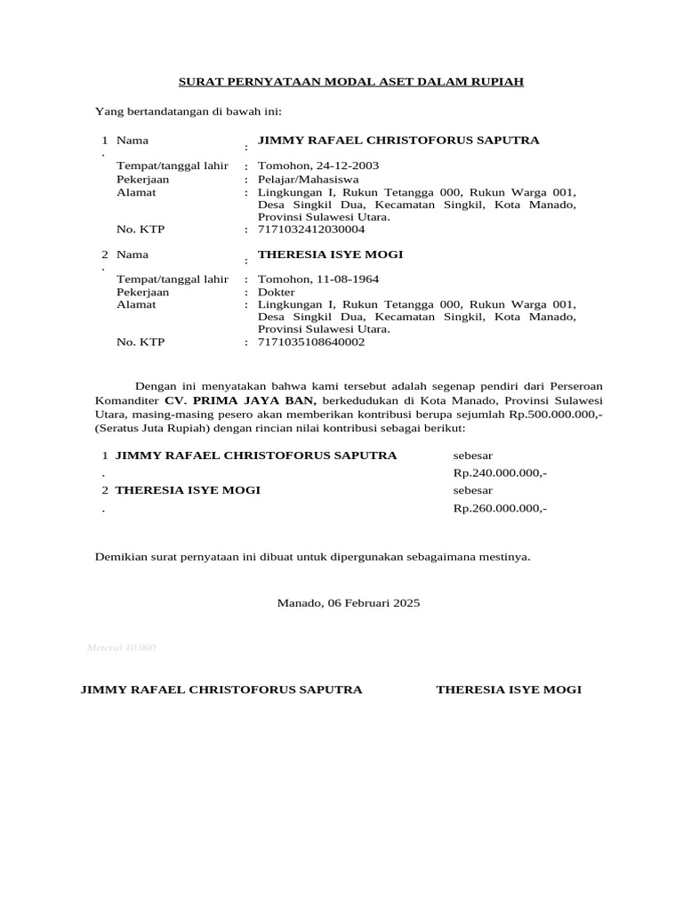 Surat Pernyataan Modal CV Prima Jaya Ban | PDF