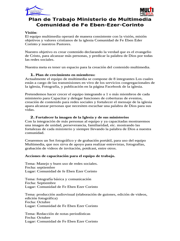 Plan de Trabajo Multimedia Iglesia Eben-Ezer | PDF | Multimedia ...