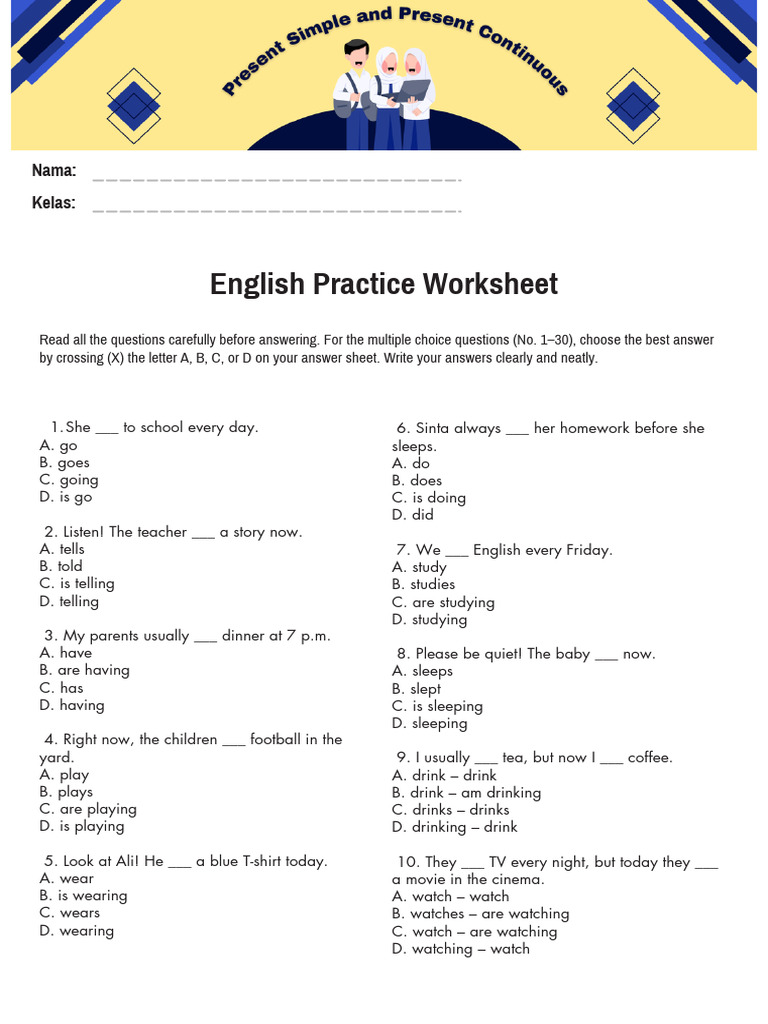 English Practice Worksheet for Students | PDF