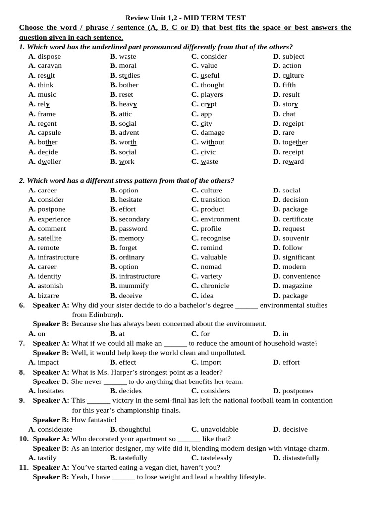 Midterm Test Review: Units 1 & 2 | PDF