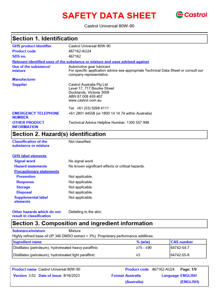 Castrol Universal 80W-90 Safety Data Sheet | PDF | Chemistry | Workplace