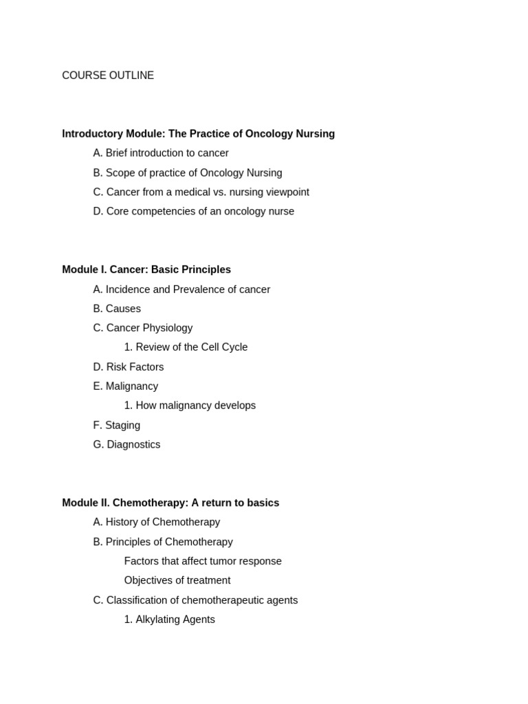Oncology Nursing Course Outline | PDF | Chemotherapy | Oncology