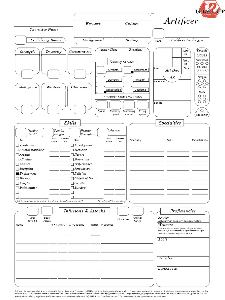 Artificer Character Sheet PDF | PDF | Role Playing Games