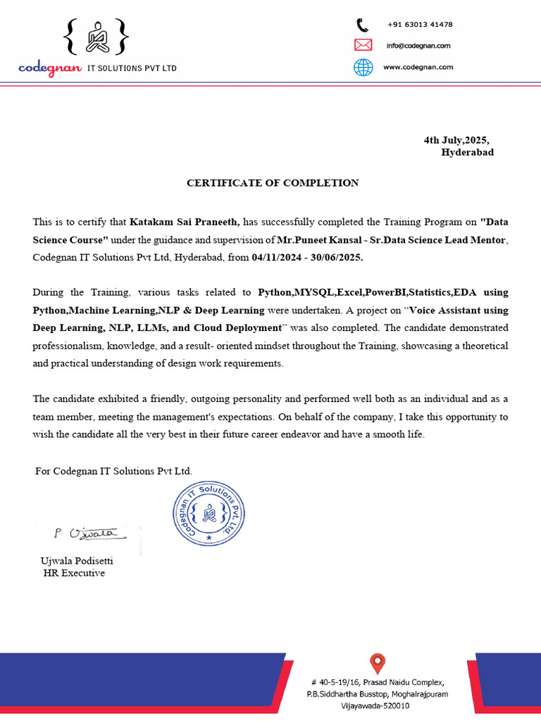 Data Science Training Completion Certificate | PDF