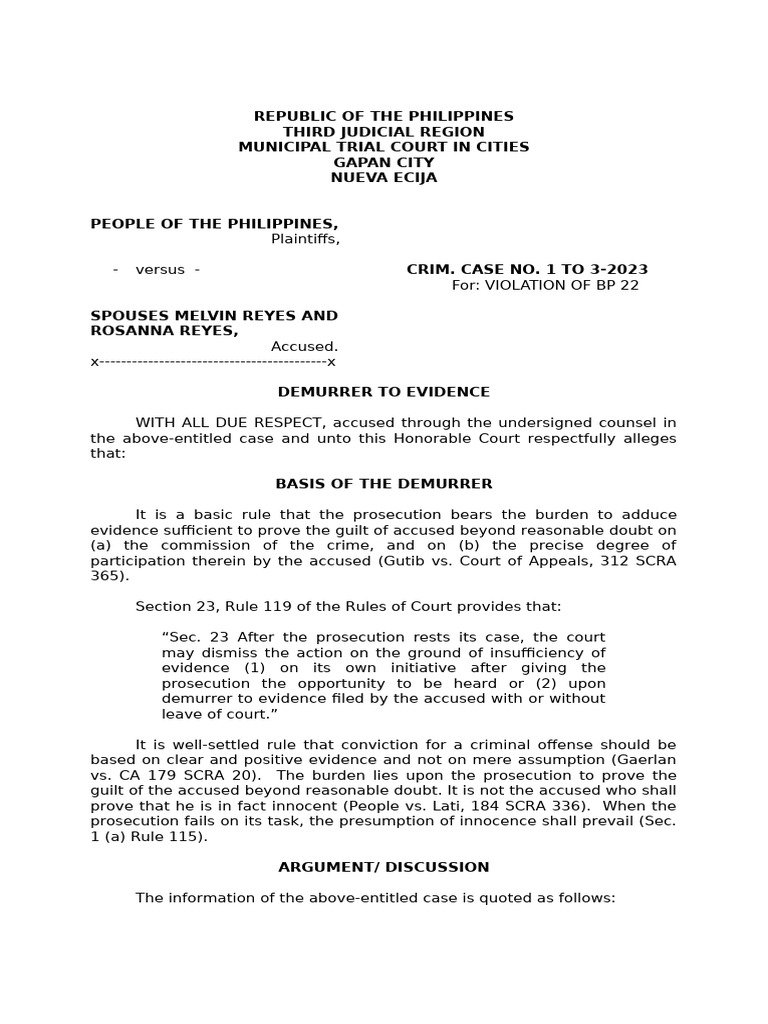 Demurrer to Evidence in BP 22 Case | PDF | Burden Of Proof (Law ...