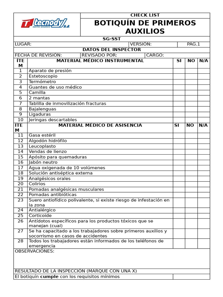 Checklist Botiquín de Primeros Auxilios | PDF
