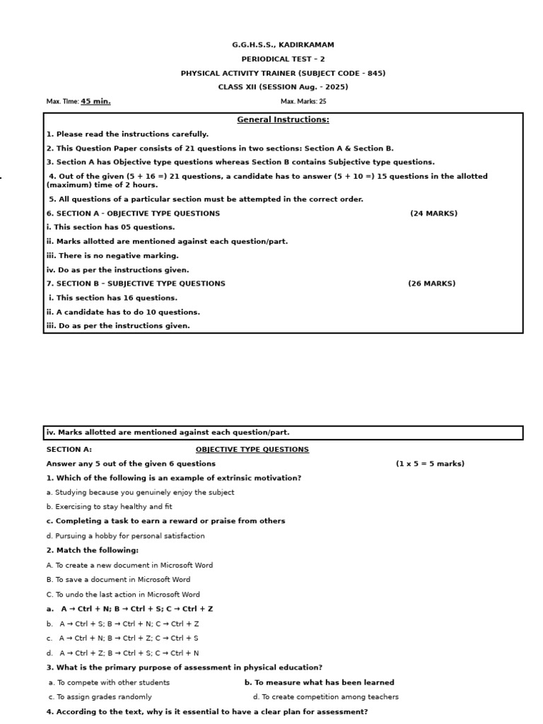 Class XII Physical Activity Trainer Test | PDF | First Aid ...