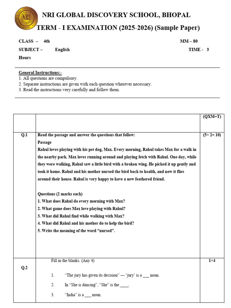 Class 4 English Term 1 Exam Sample Paper | PDF | Noun | Plural