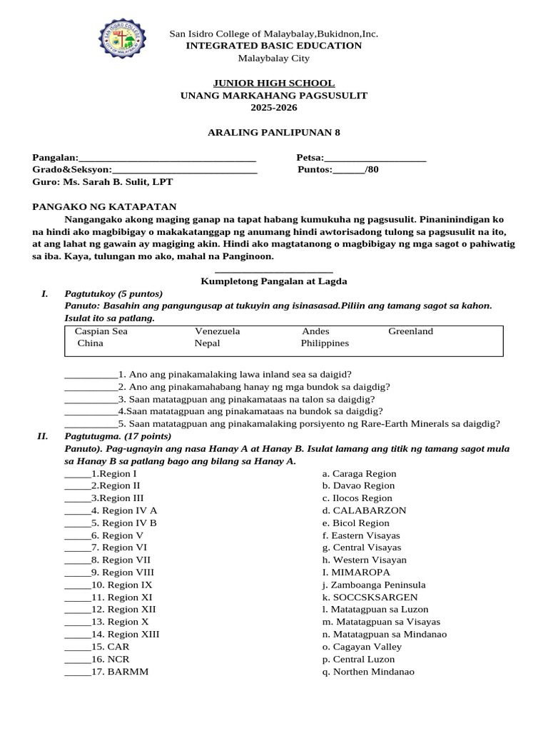 1st Grading Exam Araling Panlipunan 8 2025-2026 | PDF