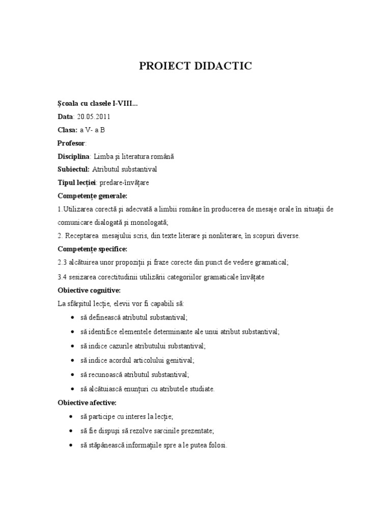 Proiect Didactic Atributul Substantival Pdf