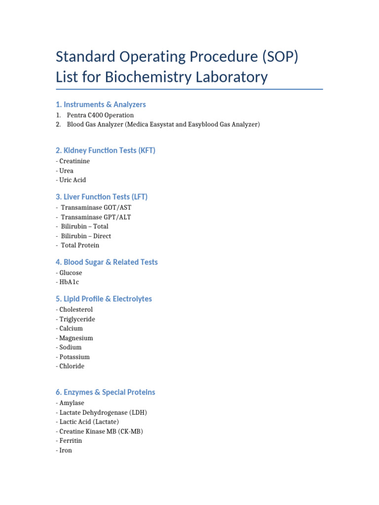 Biochemistry Lab SOP: Test Procedures | PDF