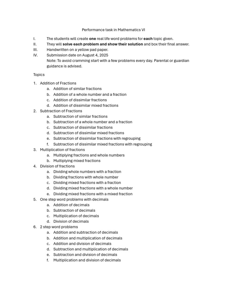 Performance Task in Mathematics VI | PDF
