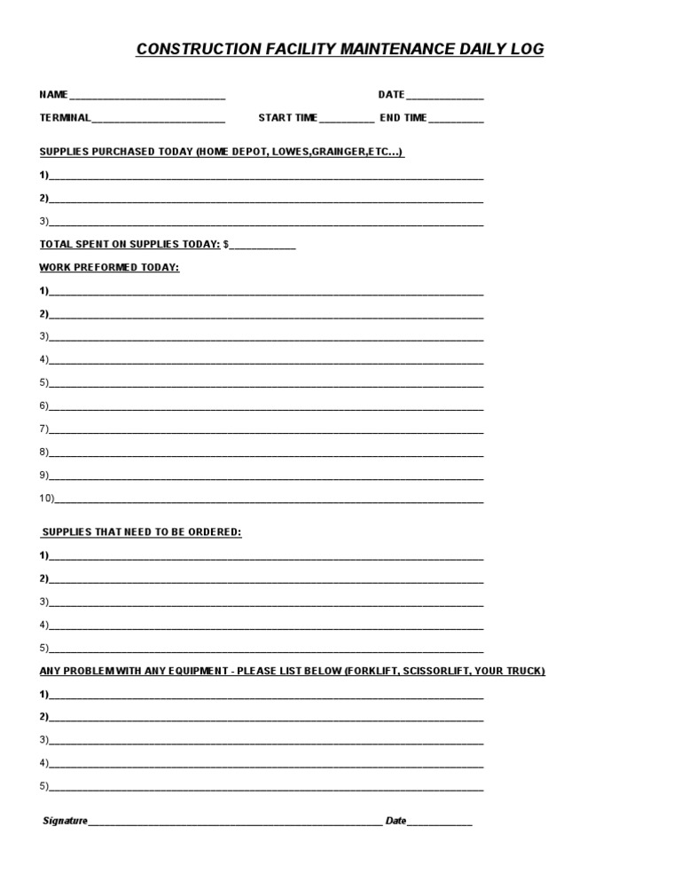 Daily Construction Maintenance Log | PDF | Computers