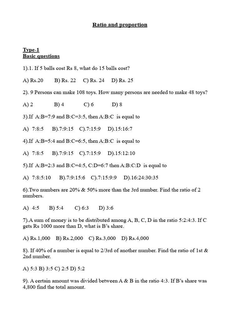 Ratio and Proportion Practice Questions | PDF | Rupee | Currency