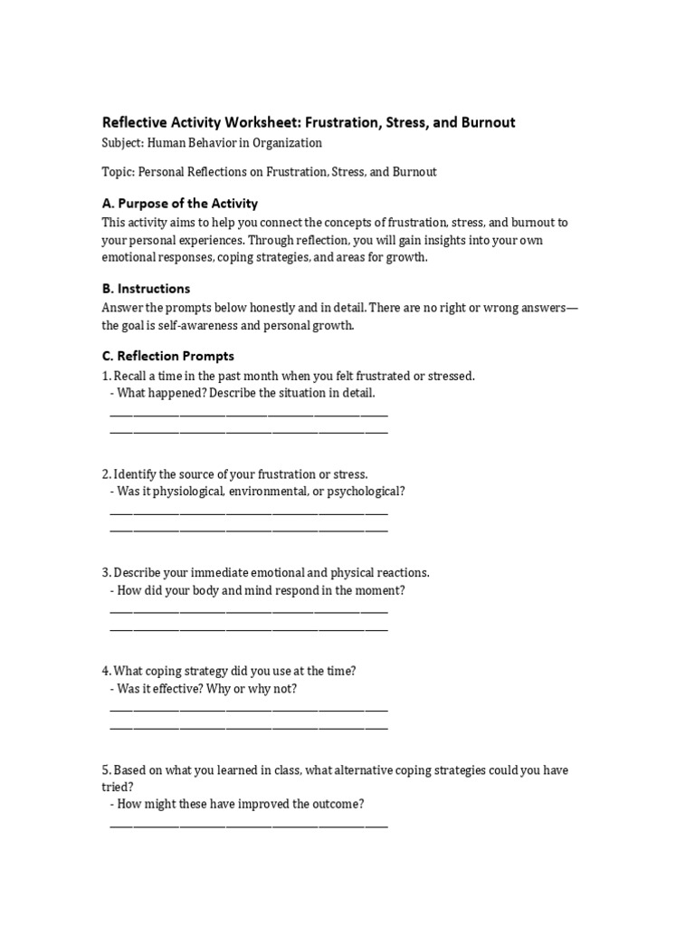 Reflective Worksheet on Stress and Burnout | PDF