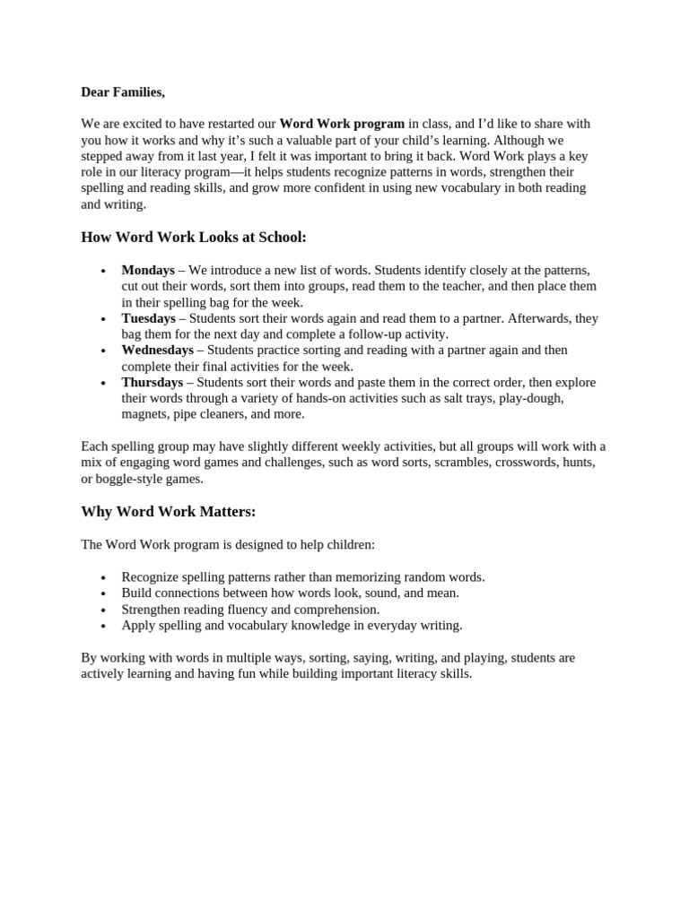 Word Work Letter | PDF | Behavior Modification | Learning
