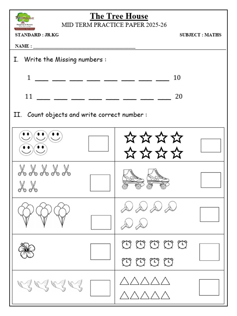 JR - Kg. Maths Mid Term Practice Paper 2025-26 | PDF