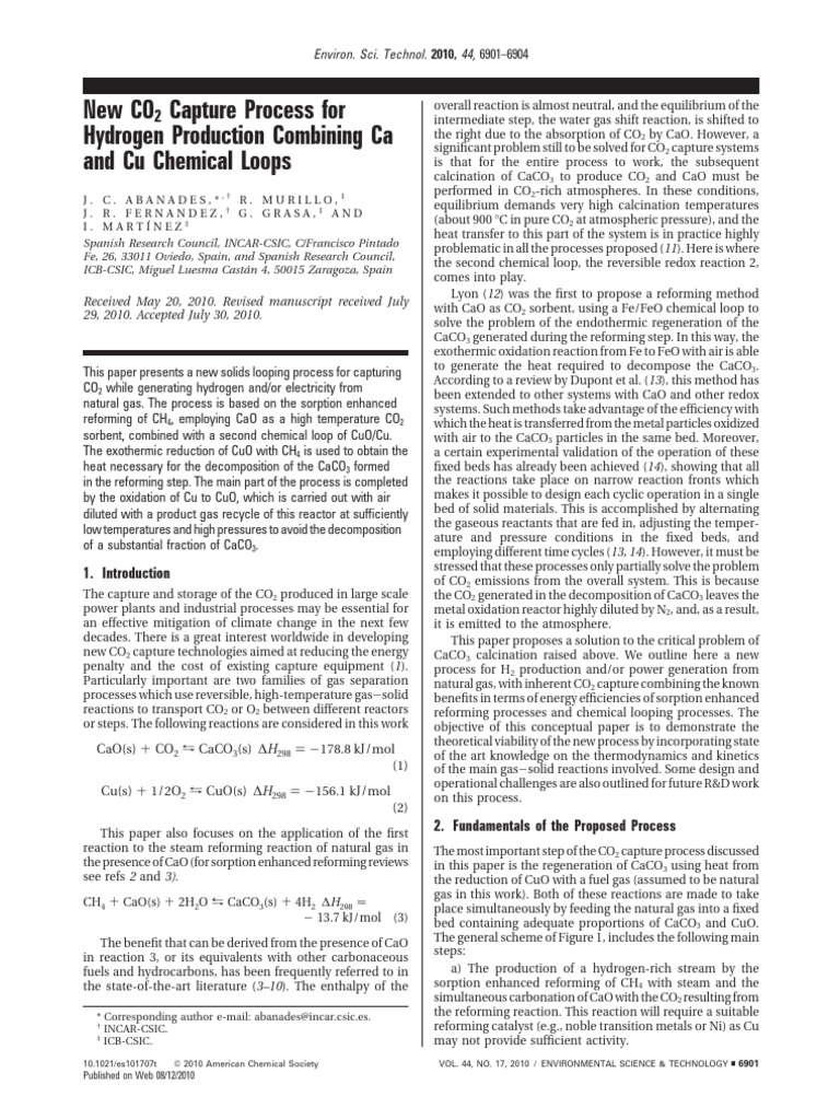 CO2 Capture for Hydrogen via Ca-Cu Loops | PDF | Chemical Reactions ...