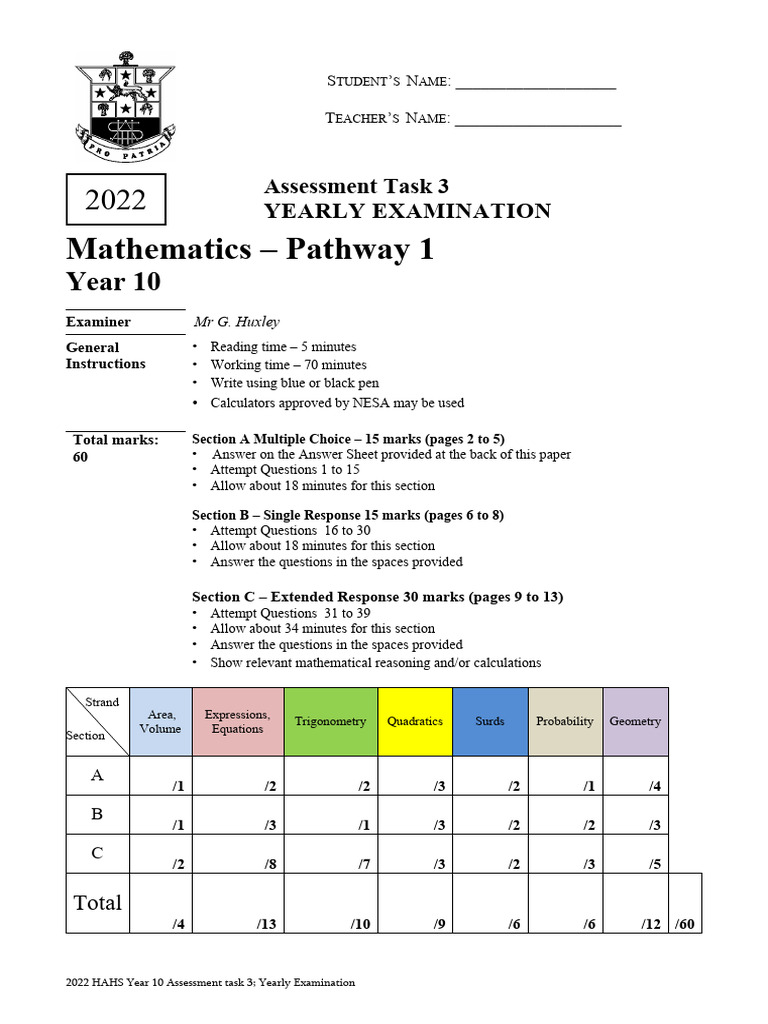 Year 10 Mathematics Yearly Exam 2022 | PDF | Factorization ...